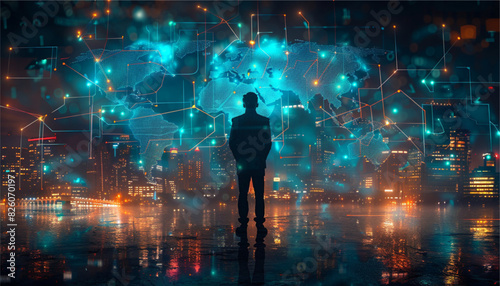 Rear view of a businessman looking at large network and city holograms in the air in front of him. Toned image. vector