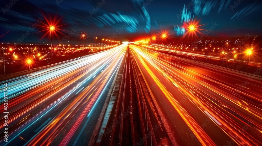 Urban traffic moves swiftly along a city highway during the evening rush hour, with car headlights and bustling night transport creating an abstract long exposure photograph with a motion blur Urban traffic moves swiftly along a city highway during the evening rush hour, with car headlights and bustling night transport creating an abstract long exposure photograph with a motion blur