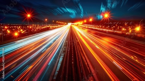 Urban traffic moves swiftly along a city highway during the evening rush hour, with car headlights and bustling night transport creating an abstract long exposure photograph with a motion blur 
