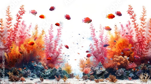 An underwater world in watercolor style is isolated on a white background
