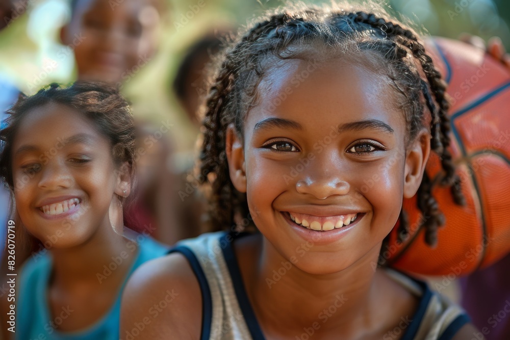 Portrait of a happy African American girl basketball player, kids playing sports Portrait of a happy African American girl basketball player, kids playing sports