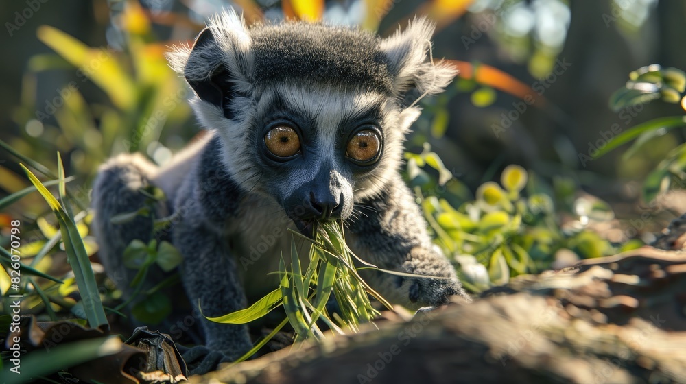 A Lemur Kata is consuming grass discovered on the ground A Lemur Kata is consuming grass discovered on the ground