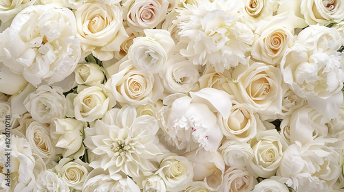 Wedding backdrop: a lush wall adorned with white roses and peonies.;