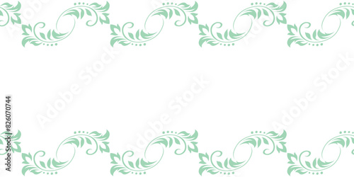 Vintage frame, border of stylized leaves, flowers and curls in light green lines on white background. Horizontal top and bottom edging, decoration. Vector backdrop, wallpaper