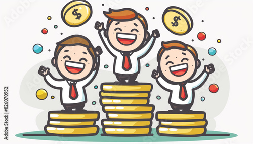 Vector illustration of businessman proudly standing on the huge money staircase. Flat style business concept