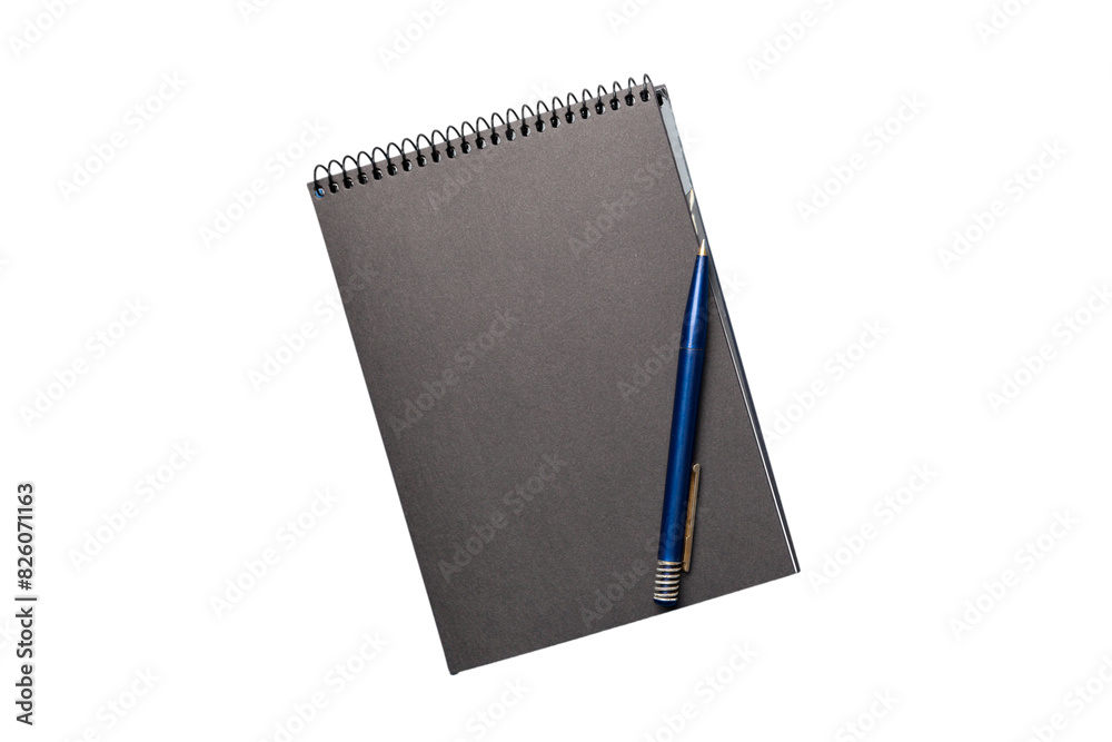 Top view of closed spiral blank dark paper cover notebook with pencil isolated on white background Top view of closed spiral blank dark paper cover notebook with pencil isolated on white background