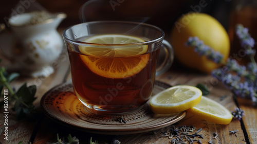 glass cup of tea on a wooden table