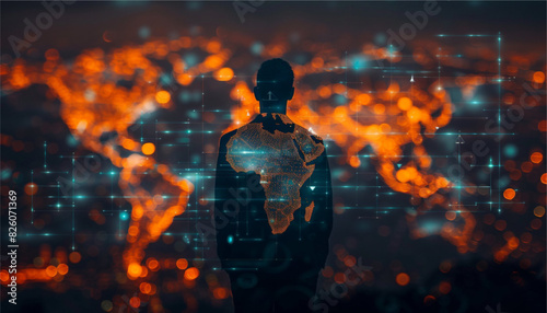 Rear view of a businessman looking at large network and city holograms in the air in front of him. Toned image. vector