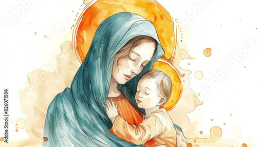 Holy Mary Mother of God or Mother of God. Virgin Mary in a blue robe prays meekly. Vector illustration for Christian and Catholic communities, design, decoration of religious holidays and history