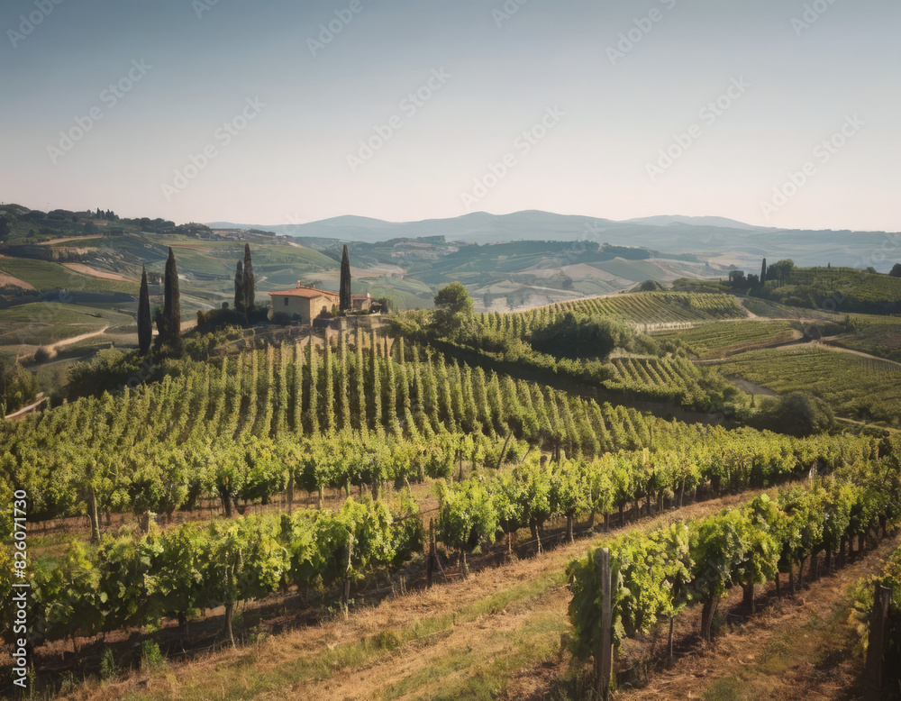 Fototapeta premium Una strada bianca si snoda tra i vigneti, conducendo lo sguardo verso l’orizzonte infinito. 