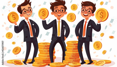 Vector illustration of businessman proudly standing on the huge money staircase. Flat style business concept