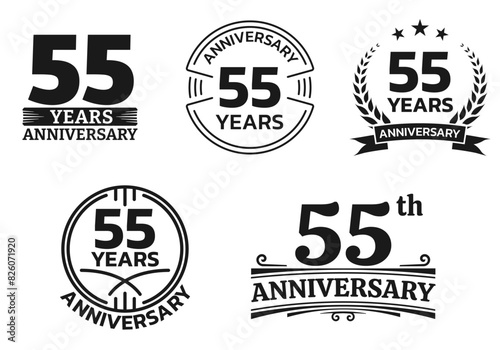 55 years icon or logo set. 55th anniversary celebrating sign or stamp. Jubilee, birthday celebration design element. Vector illustration.