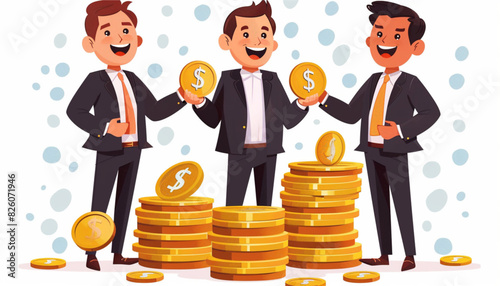 Vector illustration of businessman proudly standing on the huge money staircase. Flat style business concept