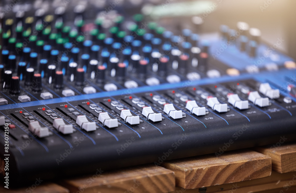 Fototapeta premium Sound, board and amplifier mixer for music, volume or tone control, technology and broadcasting for equalizer or radio. Record equipment, production and engineering machine, media and entertainment.