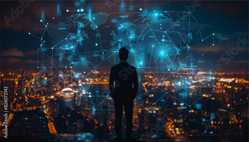 Rear view of a businessman looking at large network and city holograms in the air in front of him. Toned image. vector