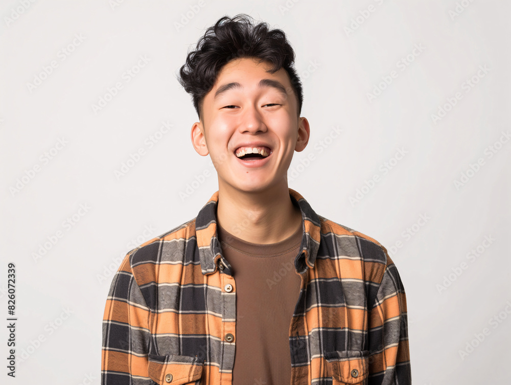 Young Asian Man in Plaid Shirt Smiling Happily on Plain Background, Expressing Joy and Positivity Young Asian Man in Plaid Shirt Smiling Happily on Plain Background, Expressing Joy and Positivity