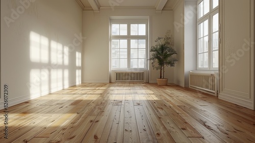 A mock-up of an empty room with a wooden floor and an empty wall in light white and beige