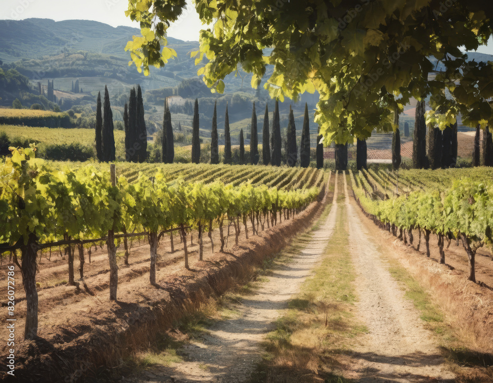 Obraz premium I cipressi fiancheggiano i filari di viti, disegnando linee precise e affascinanti sul paesaggio toscano. 