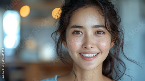 Photo of a beautiful smiling Asian woman with a smooth, healthy complexion