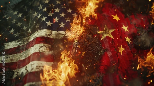 Fiery Clash of US and Chinese Flags - Tensions and Competition Visual Metaphor photo