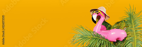 Pink flamingo with hat and sunglasses on palm tree. Summer travel concept design on orange background with copy space. 3D Rendering, 3D Illustration