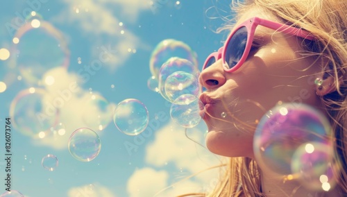 A woman amongst glistening soap bubbles outdoors, face obscured, radiates joy and whimsy
