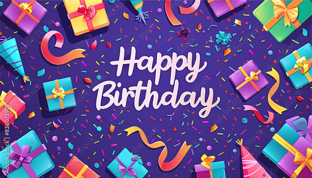 Fototapeta premium Happy birthday text vector template design. Birthday greeting in circle space for typography with cake and balloons party decoration elements in pattern background. Vector Illustration.