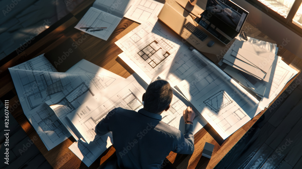 Engineer scrutinizes architectural plans, enmeshed in a deep focus at a modern office. Engineer scrutinizes architectural plans, enmeshed in a deep focus at a modern office.
