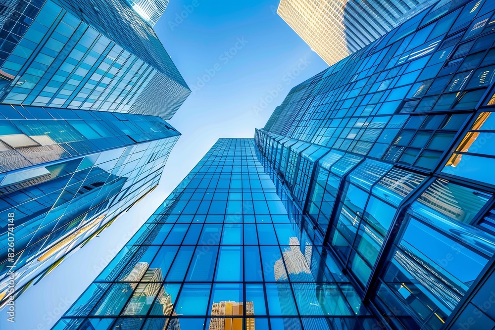 Modern glass skyscrapers in the city, low angle view of office buildings with blue windows against a clear sky background.