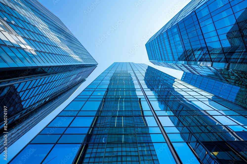 Fototapeta premium Modern glass skyscrapers in the city, low angle view of office buildings with blue windows against a clear sky background.