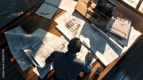 Engineer scrutinizes architectural plans, enmeshed in a deep focus at a modern office. photo