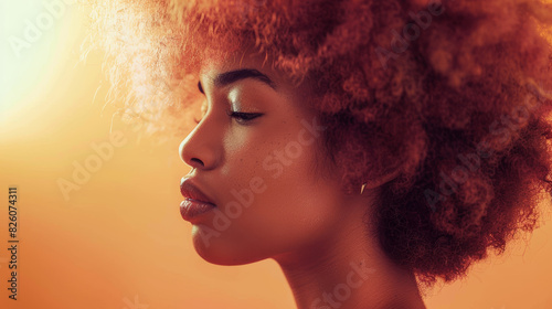 Profile of a serene woman with afro hair bathed in warm, golden hues.