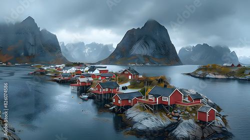 A photo featuring the charming fishing village of Reine in the Lofoten Islands captured from above. Highlighting the red and white fishermen's cabins along the shoreline, while surrounded by dramatic photo