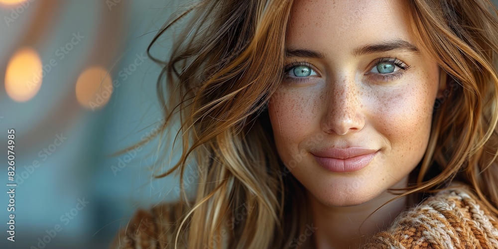 Fototapeta premium Woman in a sweater, smiling with freckles, bright eyes, wavy hair, in a closeup portrait