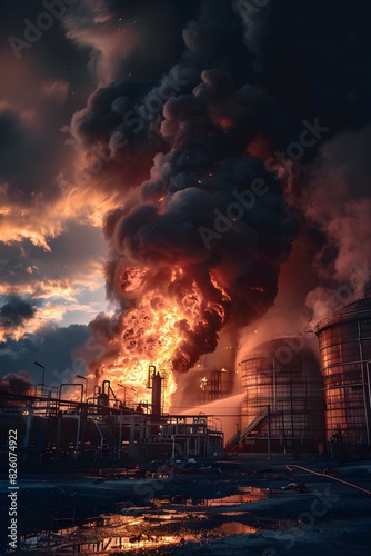 A large oil facility was on fire with smoke and flames in the sky