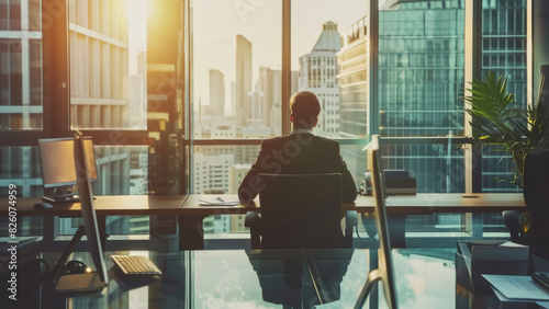 Business executive oversees cityscape through window in a high-rise office. photo