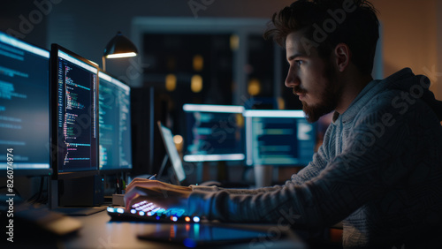 Concentrated programmer works on code in a dimly lit room, the epitome of focus.