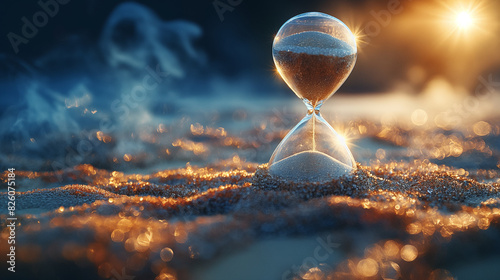 A close-up of an elegant hourglass with only a few grains of sand left at the top, emphasizing the fleeting nature of time. The background is slightly blurred to focus on the hourglass. photo