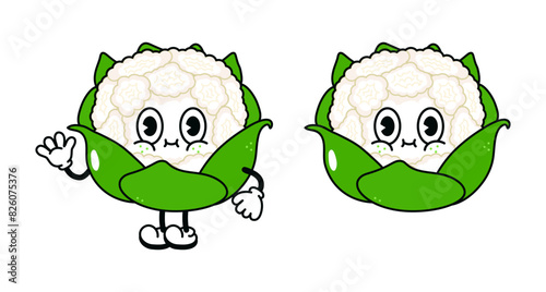 Cauliflower character. Vector hand drawn traditional cartoon vintage, retro, kawaii character illustration icon. Isolated on white background. Cauliflower character concept