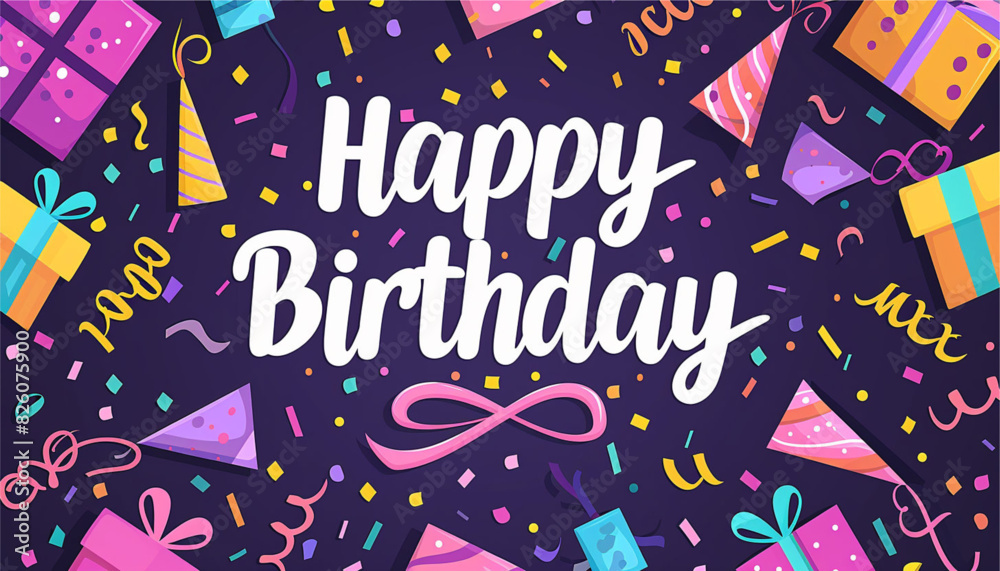 Fototapeta premium Happy birthday text vector template design. Birthday greeting in circle space for typography with cake and balloons party decoration elements in pattern background. Vector Illustration.