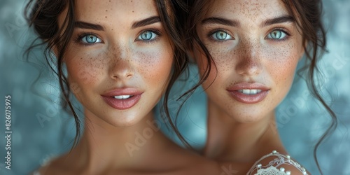 Enchanting portrait of twin sisters with freckles and blue eyes, exuding dreamy beauty and style photo
