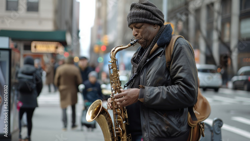 Street musician playing saxophone with passion on a bustling city sidewalk.