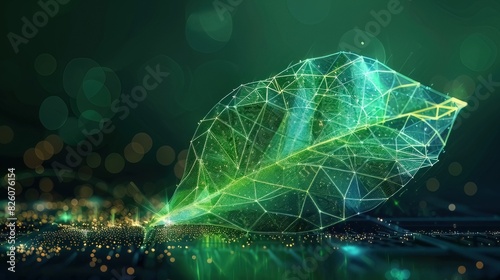 The advancement of technology in sustainable energy is symbolized by a green leaf adorned with a three-dimensional luminous tech mesh. This representation encapsulates the concepts of sustainability