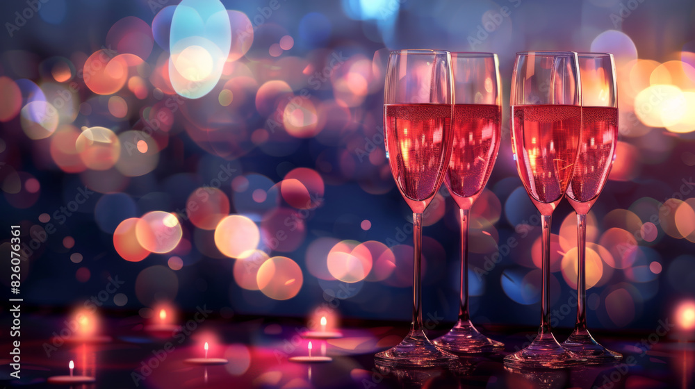 Romantic festive table setting with wine glasses bokeh lights background copy space Romantic festive table setting with wine glasses bokeh lights background copy space