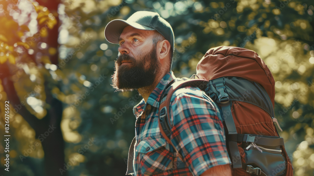Obraz premium Hiker examines the beauty of the wilderness with a sense of wonder.
