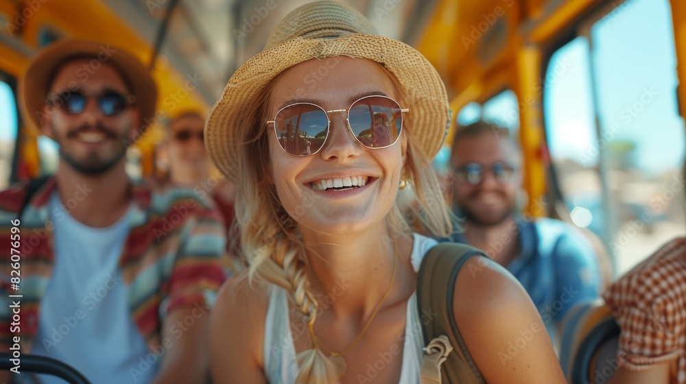 Happy Young People Friends Enjoying a Summer Bus Trip Together. Generative ai Happy Young People Friends Enjoying a Summer Bus Trip Together. Generative ai