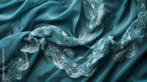 Delicate lacework draped over a teal fabric, embodying timeless elegance. photo
