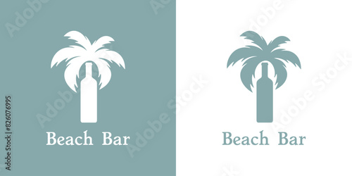 Logo Beach Bar. Silueta de botella de vino con forma de la palma