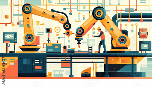 factory automated mechanized conveyor line. Industrial automated robotic conveyor, production vector illustration. Electronic factory assembly line with plant workers