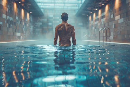 A serene image of a man walking into an elegant indoor swimming pool with ambient lighting and modern architecture